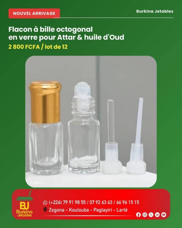 Flacon en bille octogonale en verre pour attar & huile d'oud